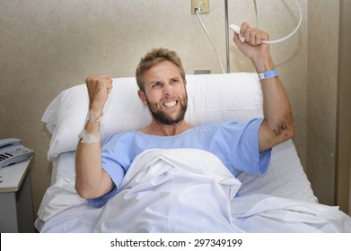 Young Angry Patient Man At Hospital Room Lying In Bed Pressing Nurse Call Button Feeling Nervous And Upset In Some Kind Of Emergency Health Care And Medical Attention Concept