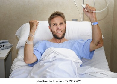 Young Angry Patient Man At Hospital Room Lying In Bed Pressing Nurse Call Button Feeling Nervous And Upset In Some Kind Of Emergency Health Care And Medical Attention Concept