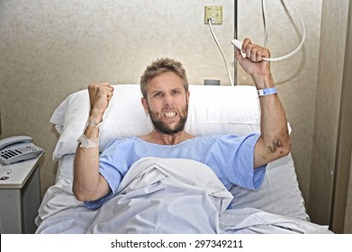 Young Angry Patient Man At Hospital Room Lying In Bed Pressing Nurse Call Button Feeling Nervous And Upset In Some Kind Of Emergency Health Care And Medical Attention Concept