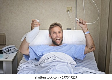 Young Angry Patient Man At Hospital Room Lying In Bed Pressing Nurse Call Button Holding Potty Feeling Nervous And Upset In Pee Help Emergency Health Care And Medical Attention Concept