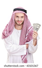 Young Arab businessman holding US dollars isolated on white background