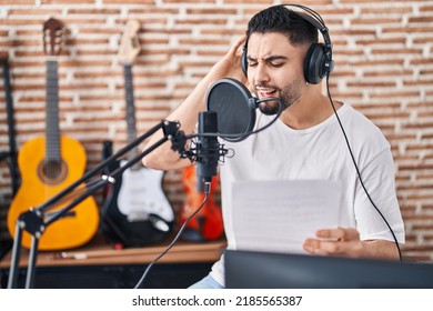 Young Arab Man Artist Singing Song At Music Studio