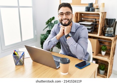 Young Arab Man Smiling Confident Using Laptop Working At Office