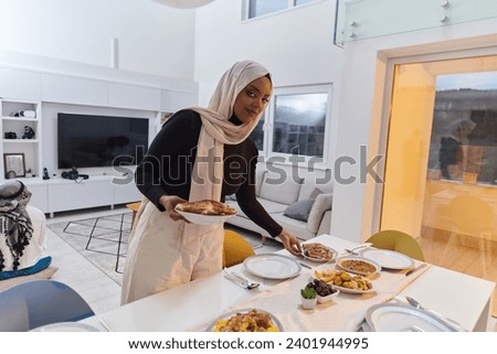 A young Arab woman gracefully prepares iftar for her family, delicately serving the table in the sacred month of Ramadan, capturing the essence of familial joy, cultural tradition, and spiritual