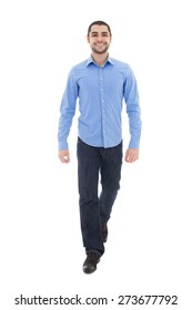 Young Arabic Bearded Business Man In Blue Shirt Walking Isolated On White Background