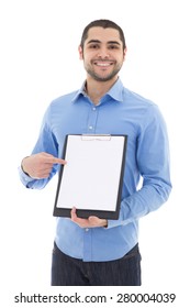 Young Arabic Man Showing Clipboard With Copy Space Isolated On White Background