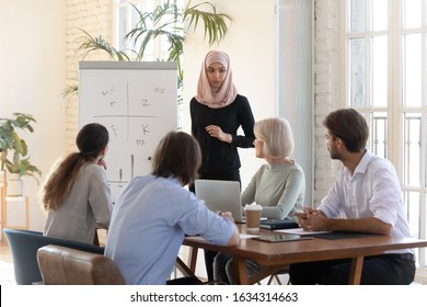 Young Arabic woman in hijab talking making flip chart presentation for diverse colleagues in modern office, arab muslim female presenter or speaker present project on whiteboard for employees