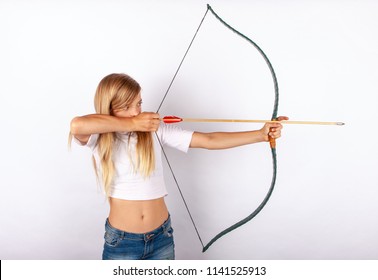 Young Archer Girl Targeting With Bow And Arrow