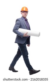 Young Architect Man In Orange Color Hardhat Holding Blueprints Walking Away