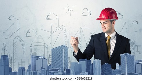 A Young Architect Planning And Drawing A Happy City Sight With Blue Skyscrapers, Sun, Clouds