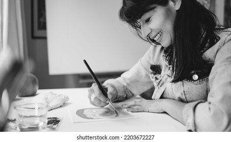 Young Artist Painting On Canvas Inside Home Studio Atelier - Art School University - Black And White Editing