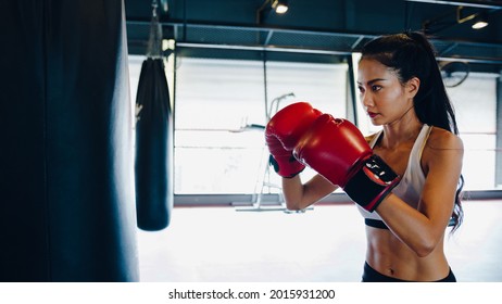 Young Asia lady kickboxing exercise workout punching bag tough female fighter practice boxing in gym fitness class. Sportswoman recreational activity, functional training, healthy lifestyle concept.