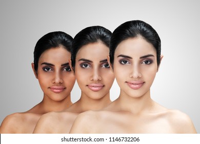 Young Asian Attractive Woman With Skin Brightening Or Facial Rejuvenation Concept. Face Whitening After Treatment Compare Before - After And Lightening Complexion For Healthy Or Skincare Business.