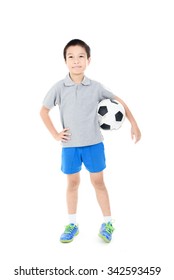 Young Asian Boy Action With Football On White Background.