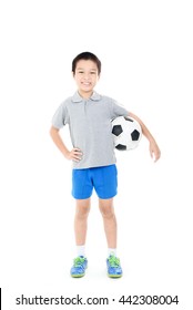 Young Asian Boy Action With Football On White Background.