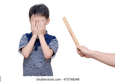 Young Asian Boy Close His Face By Hands Between Father Hit Him By Ruler