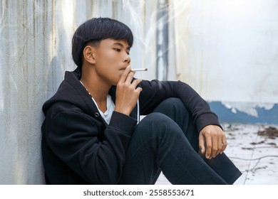 young Asian boy escapes to sit and smoke alone in an abandoned building in the city. The concept of teenage problems, drugs, drug addiction, city life, homeless children.                          - Powered by Shutterstock