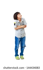 Young Asian Boy Is Looking Up, Isolated Over White With Clipping Path