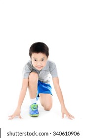 Young Asian Boy Prepare To Start Running Race On White Background