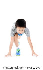 Young Asian Boy Prepare To Start Running Race On White Background