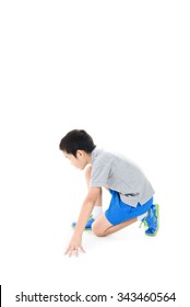 Young Asian Boy Prepare To Start Running Race On White Background