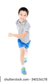 Young Asian Boy Running Action On White Background