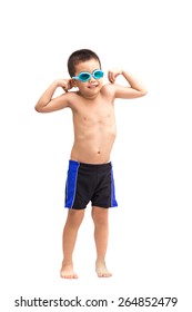 Young Asian Boy In Swimsuit And Blue Swim Goggles