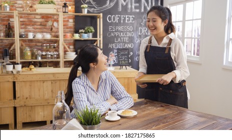 Young asian busiensswoman relax in morning breakfast time at cafe bar. waitress wear apron walking and serve coffee and croissant to customer. happy regular client chatting with barista in shop. - Shutterstock ID 1827175865