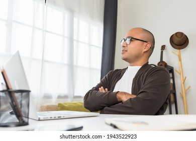 Young Asian Businessman Finish The Job Turn Off Laptop And Take A Rest. Indian Freelancer Finished His Work And Take A Break. He Work At Home.