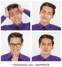 Young Asian Businessman Portrait Set With Different Facial Expressions. Desperate, Positive, Satisfied Man Studio Shot Collage. Multiscreen Montage, Split Screen Collage. Emotions Concept