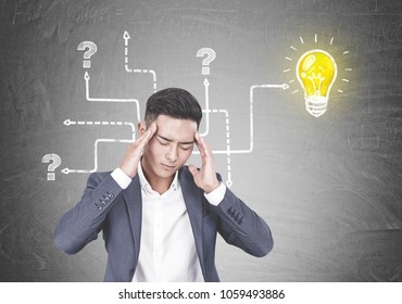 Young Asian businessman wearing a suit and a white shirt having a headache. A chalkboard background with a question marks maze and a lightbulb - Powered by Shutterstock