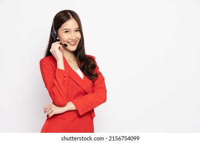 Young Asian businesswoman call center with headsets isolated over white background, Telemarketing sales or Customer service operators concept