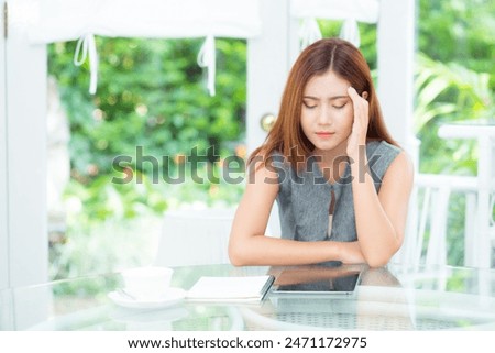 Similar – Image, Stock Photo Frustration in garden office | man sits at table in front of laptop and holds hands in front of face