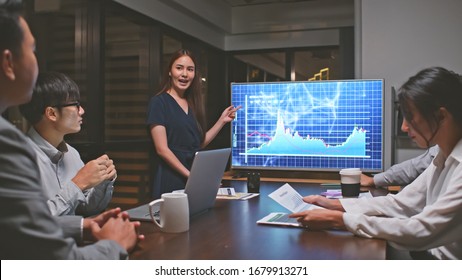 Young Asian businesswoman lead group of business financial team in strategic meeting presentation, work late night in office. Marketing strategy analysis, stock market trading, or corporate teamwork