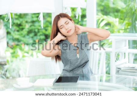 Similar – Image, Stock Photo Frustration in garden office | man sits at table in front of laptop and holds hands in front of face