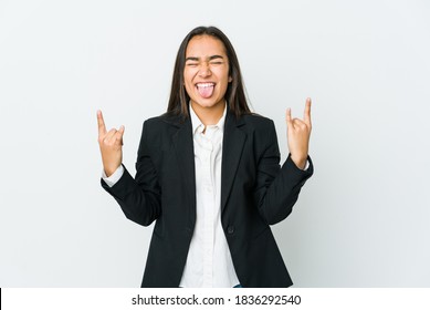 Young Asian Bussines Woman Isolated On White Background Showing Rock Gesture With Fingers