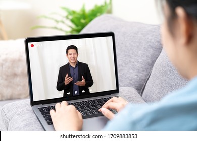 Young Asian Chinese Leader Or Businessman On Management Forum, Teleconference, Town Hall Or Press Video Conference Online With Work Remotely At Home During Coronavirus And Business Continuity Concept.