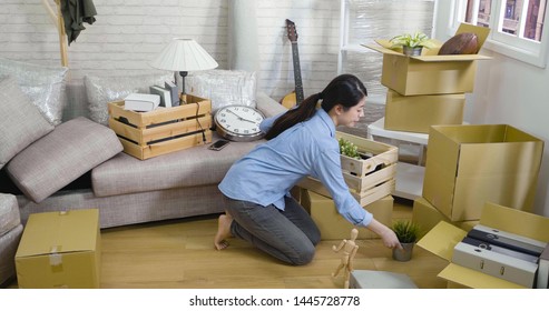 Young Asian Chinese Woman Unpacking Cardboard Boxes At New Home. Elegant Mom Clean Up Carton Containers After Moving House In Living Room Tidy Up Stuff Take Plants. Girl On Floor By Sofa Couch.