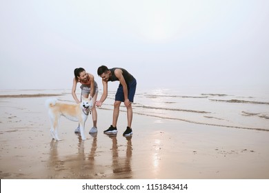 Young Asian Couple Walking On Beach With Pet Dog.