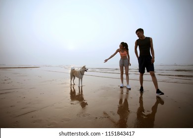 Young Asian Couple Walking On Beach With Pet Dog.