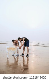 Young Asian Couple Walking On Beach With Pet Dog.