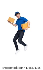 Young Asian Delivery Man Jumping And Holding Parcel Box Isolated On White Background