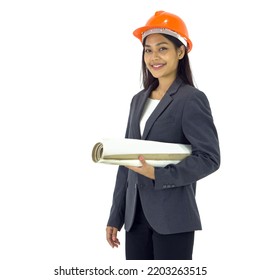 Young asian engineer in gray suit and orange hardhat stand smiling, holding construction drawing of real estate project. Portrait on white background with studio light. Isolated - Powered by Shutterstock