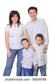 Young Asian Family, mother, father, boys. White shirts and blue jeans on white background. - Shutterstock ID 58504784