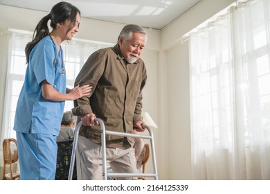 Young Asian Female Nurse Care Giver Helping Asian Senior Old Man With Mobility Walker In Living Area Of Nursing Home Senior Daycare Center,Nurse Take Care Elderly Patient With Cheerful Concentrate