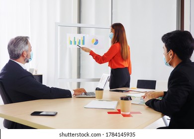 Young Asian Female Presenting Sales Graph On The Board To His Senior Male Manager And His Colleague All Wearing Medical Masks And Keep Distance For Good Health And Hygiene At Workplace During Covid 19