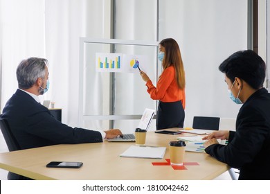 Young Asian Female Presenting Sales Graph On The Board To His Senior Male Manager And His Colleagues. All Wearing Masks And Keep Distance For Good Health And Hygiene At Workplace  During Covid 19