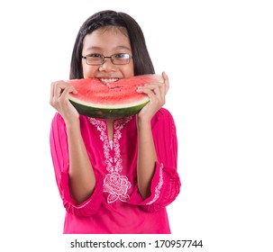 Young Asian Girl Eating A Watermelon Over White Background