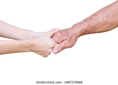 Young Asian Girl Hand Holding Elderly Man , Care And Support In Family Concept Isolated On White Background With Clipping Path