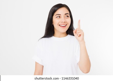 Young Asian Girl Have Good Idea. Happy Smiling Woman Isolated On White Background. Copy Space. Template And Blank Summer T Shirt.